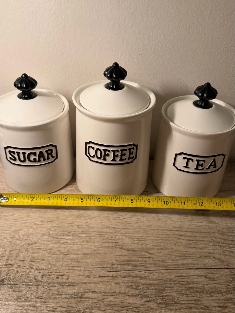 Ceramic Canister Set - sugar, coffee, tea. Cream with Black Accents